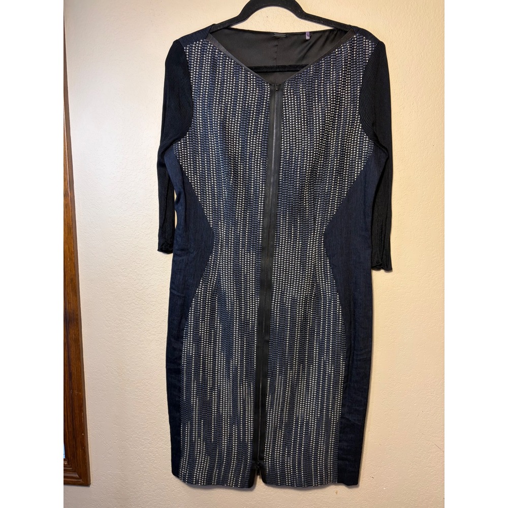 Elie Tahari Blue Black Woven Zip Front Sheath Dress Leather Trim Size 14